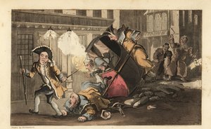 Johnny kastades ur en sedanstol när bärarna kraschar över en stenhög på gatan. Nattväktare med lyktor och skallror anländer. Handkolorerad kopparstick av Thomas Rowlandson från William Combes The History of Johnny Quae Genus, av Thomas Rowlandson