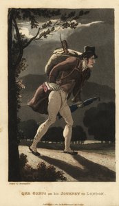 Johnny går på den månbelysta vägen till London. Han har en ryggsäck med fiol, en bok i rockfickan och bär ett paraply. Handkolorerad kopparstick av Thomas Rowlandson från William Combes The History of Johnny Quae Genus, the Little Found av Thomas Rowlandson