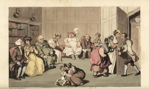 Johnny med andra patienter i kvacksalvaredoktorn Anodynes väntrum. Handkolorerad kopparstick av Thomas Rowlandson från William Combes The History of Johnny Quae Genus, the Little Foundling of the late Doctor Syntax. av Thomas Rowlandson
