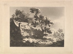 Landskap med en stuga bland träden till vänster och en kyrktornspets i fjärran till höger av Thomas Rowlandson