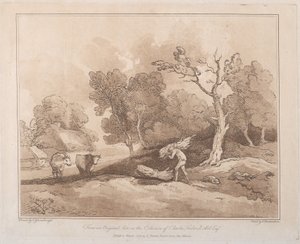 Landskap med en figur som bär ett knippe av grenar, en kopia bakom, två kor i..., 21 maj 1789. av Thomas Rowlandson