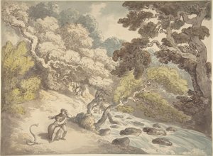 Landskap med en forsande bäck och ett par på stranden, som skrämts av en orm av Thomas Rowlandson