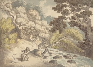 Landskap med forsande bäck och ett par på stranden, skrämd av en orm, 1775-1827. av Thomas Rowlandson
