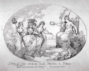 "Frihet och berömmelse introducerar kvinnlig patriotism till Storbritannien", 1784 av Thomas Rowlandson
