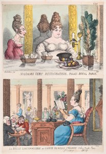 Madame Very Restauranteur, Palais Royal Paris och La Belle Liminaudiere på Caffee De Mille..., 1814. av Thomas Rowlandson