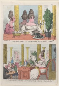 Madame Very Restauranteur, Palais Royal Paris och La Belle Liminaudiere på Caffee De Mille..., 1814. av Thomas Rowlandson
