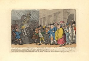 Man och damer söker efter en vagn i en folkmassa i regnet. av Thomas Rowlandson