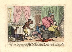 Man och två kvinnor misslyckas med att stänga en packad bagagelucka. av Thomas Rowlandson