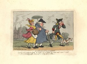 Man och kvinna förlorade på landsbygden i en nattstorm. av Thomas Rowlandson