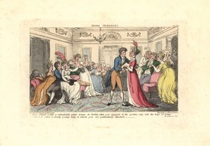 Man tvingas kyssa en ful kvinna på en dansfest. av Thomas Rowlandson