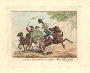 Man tappar kontrollen över sitt fäste när han passerar en vagn. av Thomas Rowlandson