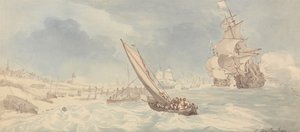 Krigsfartyg och segelbåtar nära stranden av Thomas Rowlandson