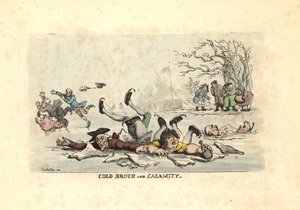 Män och kvinnor åker skridskor på tunn is och faller ner i en iskall ri av Thomas Rowlandson