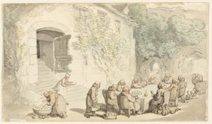 Munkar äter utomhus (recto); Village Street (verso) av Thomas Rowlandson