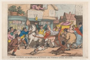 Ännu mer elände: Botten på herr Figgs gamla whiskyflaska gick sönder av Thomas Rowlandson