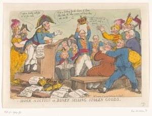 Napoleon säljer stöldgods, 1813 Spontauktion eller Boney som säljer stöldgods (titel på föremål) av Thomas Rowlandson