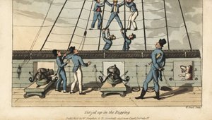Sjöövergångsrit: Johnny grips och sprids i riggen av sina medseglare. Handkolorerad kopparstick av W. Läst efter en illustration av Thomas Rowlandson från Alfred Burtons The Adventures of Johnny Newcombe in the Navy, Simp av Thomas Rowlandson