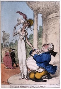Överviktiga man som uppvaktar en tuberkulospatient: vattusot och konsumtion, tidigt 1800-tal (karikatyr)