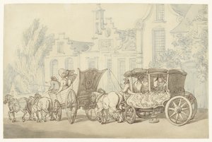 Öppen turbil och vagn på en nästan holländsk gata av Thomas Rowlandson