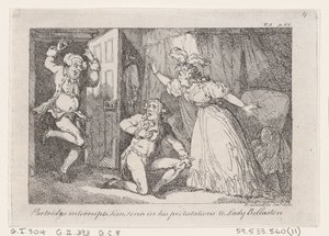 Partridge avbryter Tom Jones i sina protester mot Lady Bellaston, från The History o..., 1792. av Thomas Rowlandson