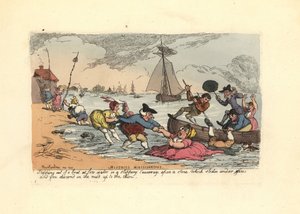 Passagerare halkar och faller ner i flodens lera. av Thomas Rowlandson