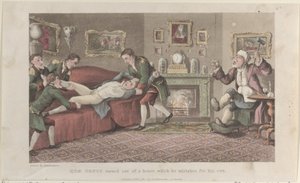 Quae Genus vände ut ur ett hus som han misstar för sitt eget, från The Hist..., 1 februari 1822. av Thomas Rowlandson