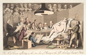 R---A---ys of Genius som reflekterar över skönhetens sanna linje på Life Academy, Somerset House, från The English Spy, pub. 1824 (handfärgad gravyr) av Thomas Rowlandson