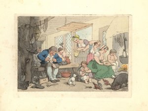 Regency skomakare lagar skor i ett trångt rum. av Thomas Rowlandson