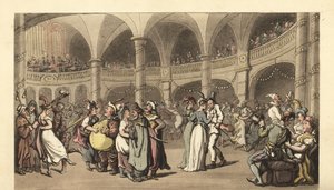 Fester i kostym på en maskerad bal i en stor teater av Thomas Rowlandson