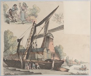 Flodscen med väderkvarn från skylt 9, konturer av figurer, landskap och C..., 20 januari 1791. av Thomas Rowlandson
