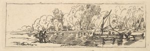 Scen vid en flod eller damm: en segelbåt och en jolle med personer på den närmaste stranden av Thomas Rowlandson
