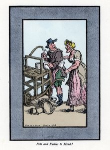 Roaming och klientretamer som visar botten av en kruka. Han slår en metallkruka med en hammare på en bärbar bänk. Trästick, baserad på en målning av Thomas Rowlandson (1756-1827), publicerad i The Cris of London: med sex charmiga barn och nästan 40 i av Thomas Rowlandson
