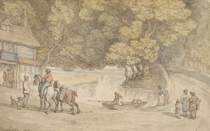 Lantlig vy med en flod och en bro av Thomas Rowlandson