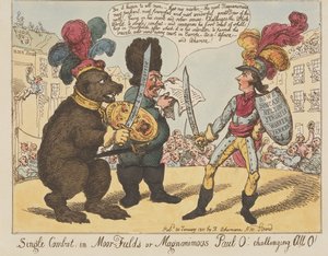 Enmansduell i Moorfields, eller den storsinnade Paul O! – Utmanar alla O! (ur: Caricature, vol. 4) av Thomas Rowlandson