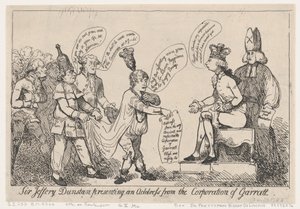 Sir Jeffery Dunstan presenterar ett tilltal från Corporation of Garratt, De..., 30 december 1788. av Thomas Rowlandson