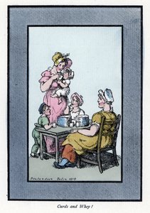 Sittande kvinna som säljer vaktelmjölk och mjölk har en mor och barn (1819). Trägravyr, baserad på en målning av Thomas Rowlandson (1756-1827), publicerad i The Cris of London: med sex charmiga barn och nästan 40 illustrationer, av Andrew Tuer, Field av Thomas Rowlandson