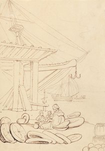 Skiss av en kvinna och barn som sitter på en lastkaj av Thomas Rowlandson