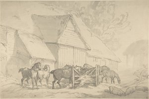 Hästgård med hästar av Thomas Rowlandson