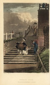 Terrasstrappor: turister tumlar nerför trappan på Cliff Terrace. Handkolorerad kopparstick av Thomas Rowlandson, akvatint av J.C. Stadler, efter en skiss av J. Green från Poetical Sketches of Scarborough, Ackermann, London av Thomas Rowlandson
