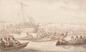 Det årliga scullloppet för Doggetts kappa och märke av Thomas Rowlandson