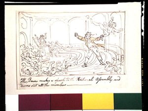 Baronen håller ett tal till nationalförsamlingen och driver ut alla medlemmar (penna & bläck och akvarell på papper) av Thomas Rowlandson