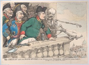 Korsikaneren och hans blodhundar vid fönstret i Thuillerierna ser över P..., 16 april 1815. av Thomas Rowlandson