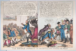 The Double Humbug or the Devils Imp Praying for Peace, 1 januari 1814., 1 januari 1814. av Thomas Rowlandson