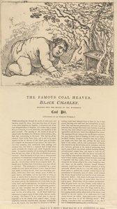 Den berömde kolbäraren, Black Charley, tittar in i mynningen till den fantastiska kolgruvan av Thomas Rowlandson