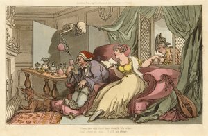 The Honeymoon, från The English Dance of Death, pub. 1816 (handfärgad gravyr) av Thomas Rowlandson