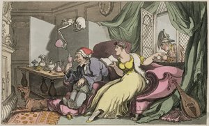 Smekmånaden, illustration från "den engelska dödsdansen", pub. av R. Ackermann (färgstick) av Thomas Rowlandson