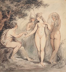 The Judgement of Paris, signerad "Rowlandson" (nere till vänster) penna och brunt bläck samt akvarell, 7 ¼ x 6 ¾ in. (18,4 x 17,2 cm) av Thomas Rowlandson