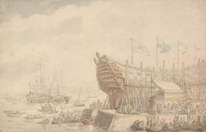 Sjösättningen av H.M.S. ”Hibernia” 1804 av Thomas Rowlandson