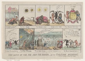 Rävens och grävlingens kärlek, eller koalitionens bröllop. , 7 januari 1784., 7 januari 1784. av Thomas Rowlandson