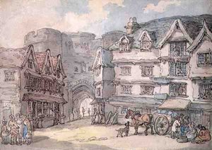 The South Gate, Exeter (penna, akvarell och penna på papper) av Thomas Rowlandson